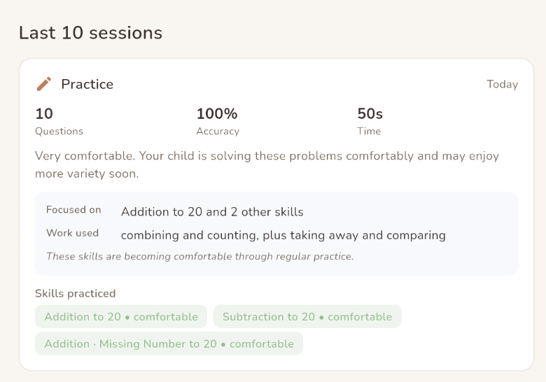 Beadwell session detail — what was practiced, accuracy, focus areas