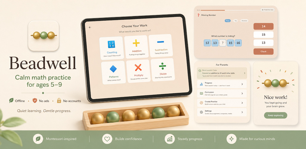 Beadwell — calm math practice for ages 5–9