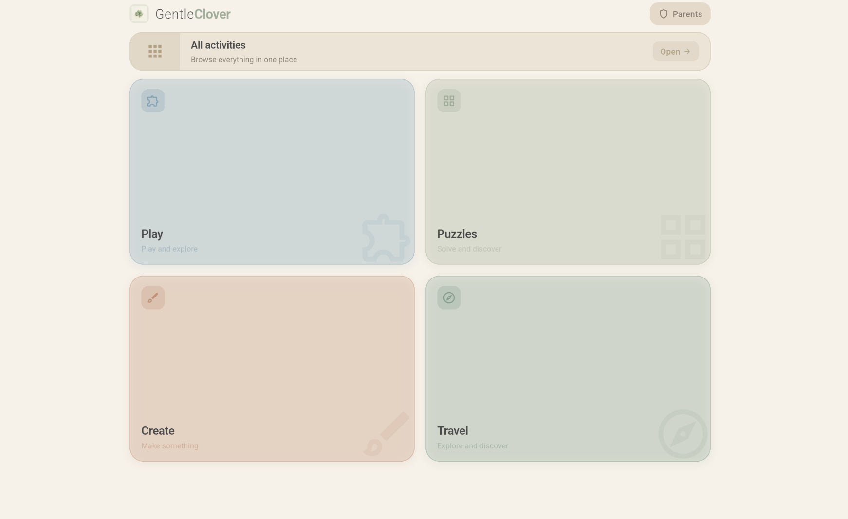 GentleClover — Play, Puzzles, Create, Travel