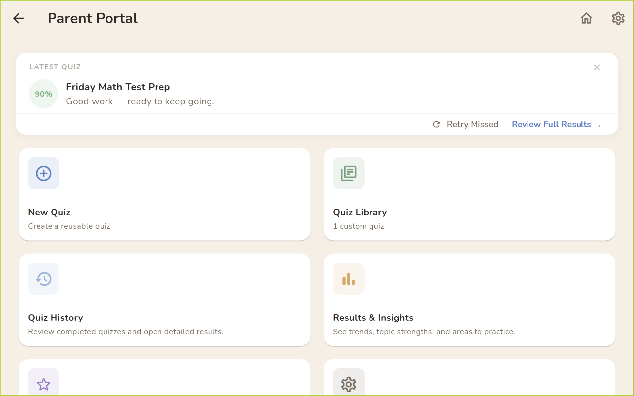 QuizWell parent portal — see all quiz results and insights