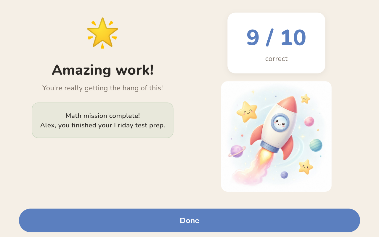 QuizWell — quiz complete with calm results screen