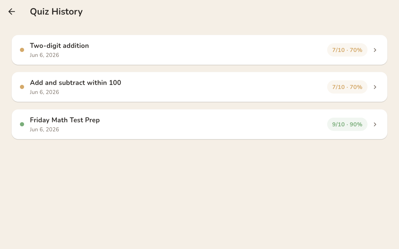QuizWell history — see all past quiz sessions and results