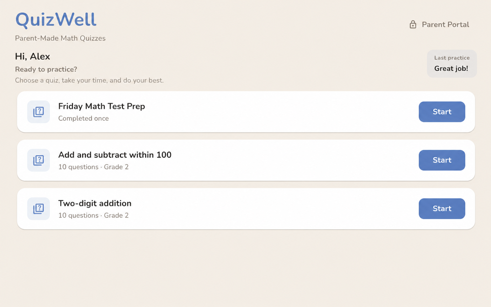 QuizWell — calm math quiz practice for kids
