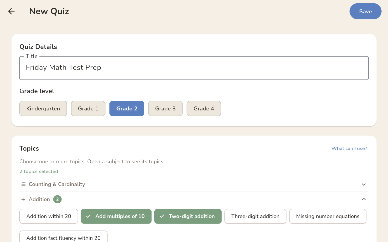 QuizWell — set up a new quiz for your child